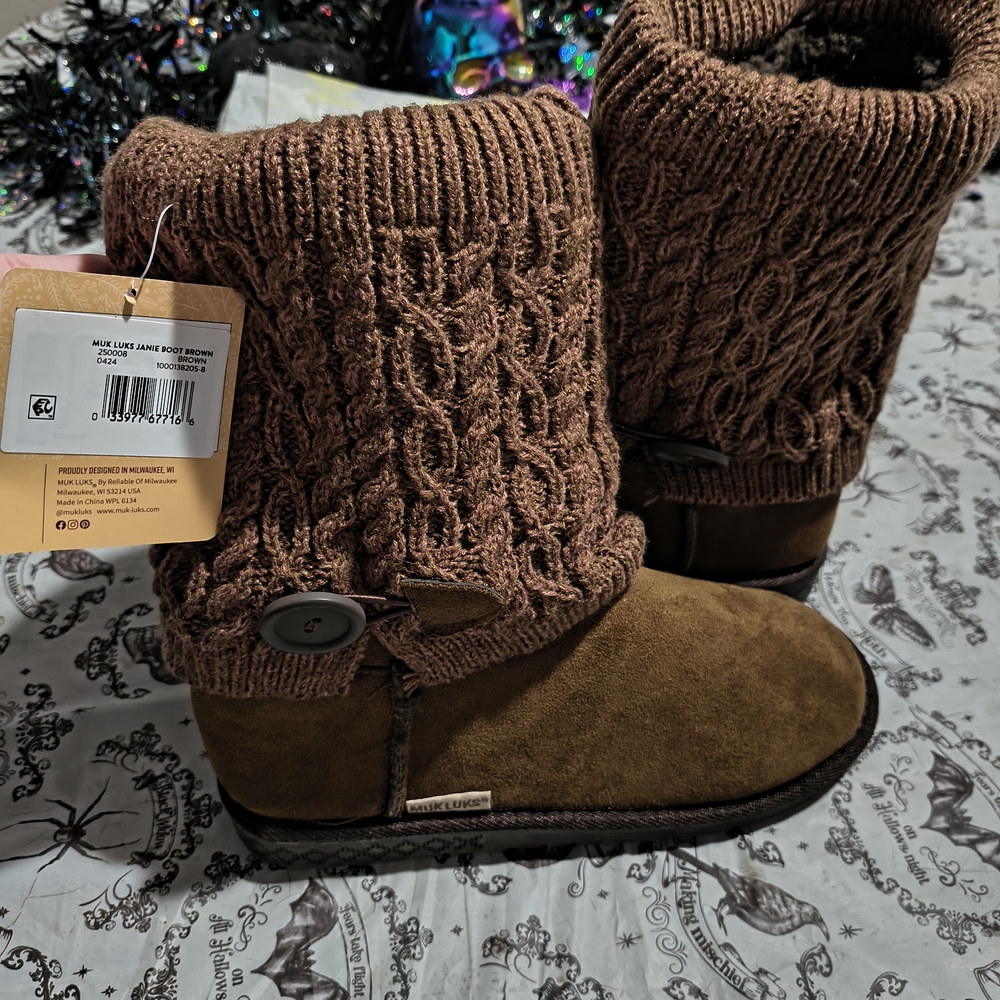 Muk Luks Brown Ankle Boots with Knit Cuff